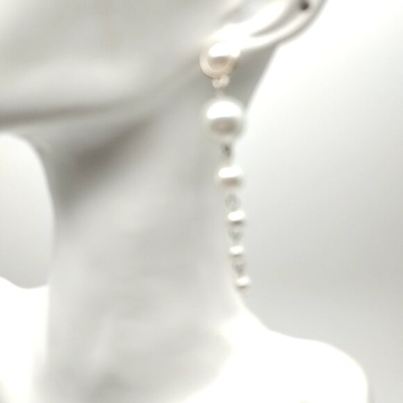 Long Faux Pearl Drop Dangle Earrings Silver Tone Chain Statement - Picture 4 of 11